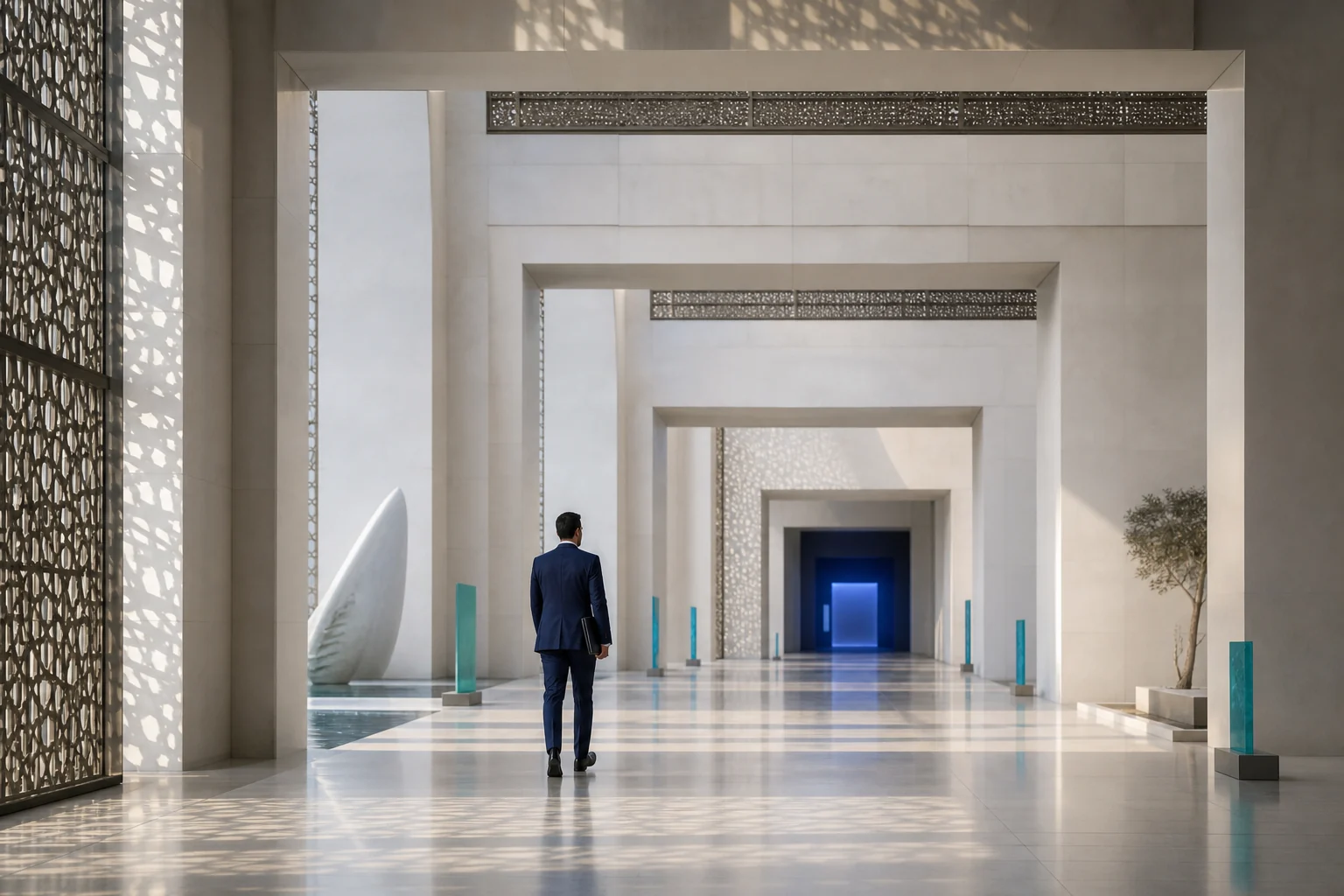 Business advisor moving through a precise sequence of civic gateways