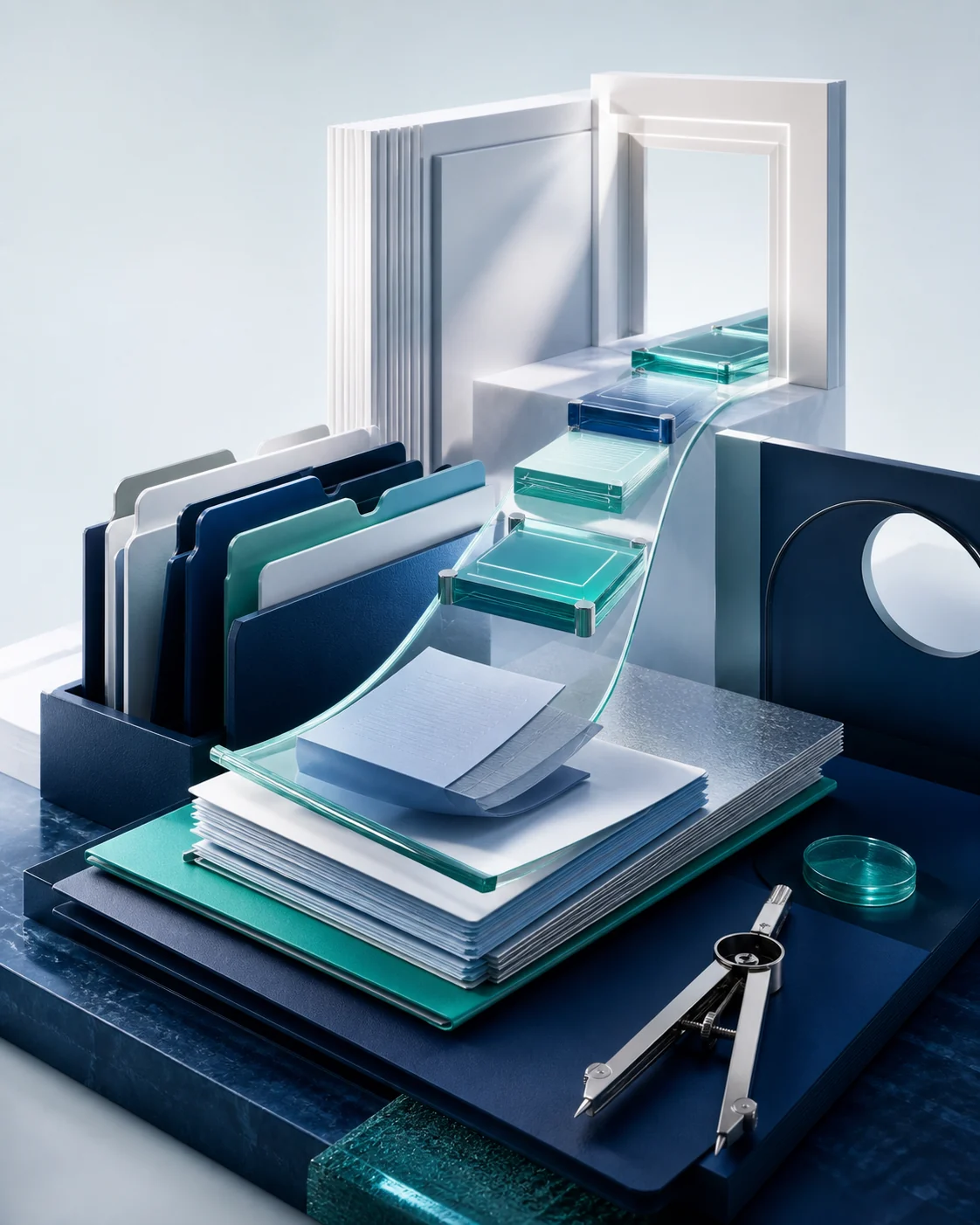 Abstract organized licensing pathway built from documents and glass