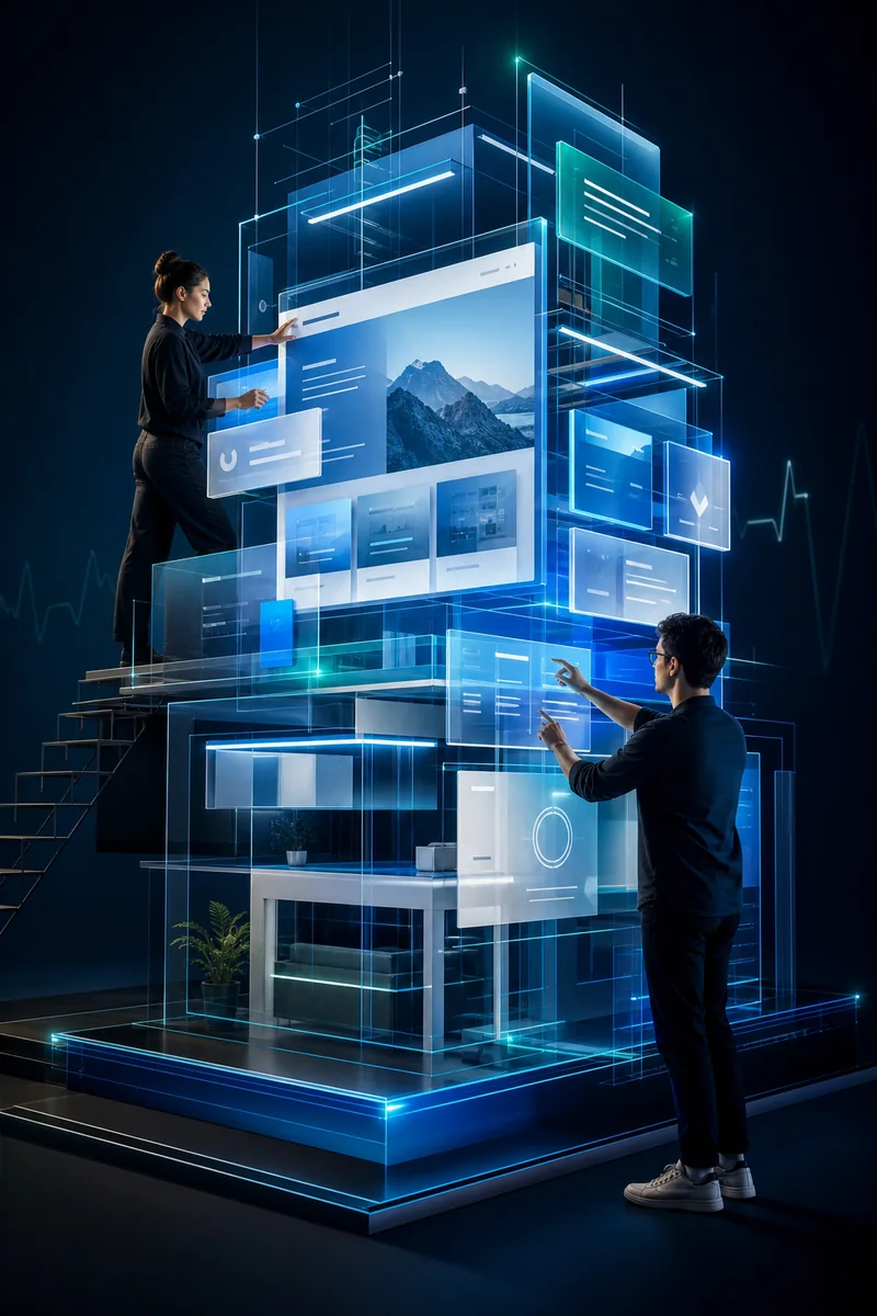 A responsive digital experience being constructed as luminous architecture